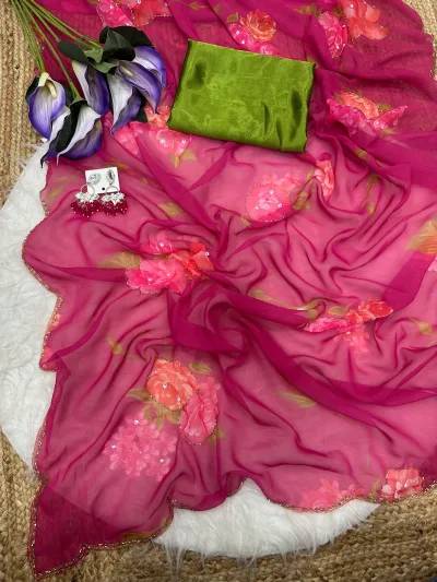 Coral Pink Georgette Handwork Saree